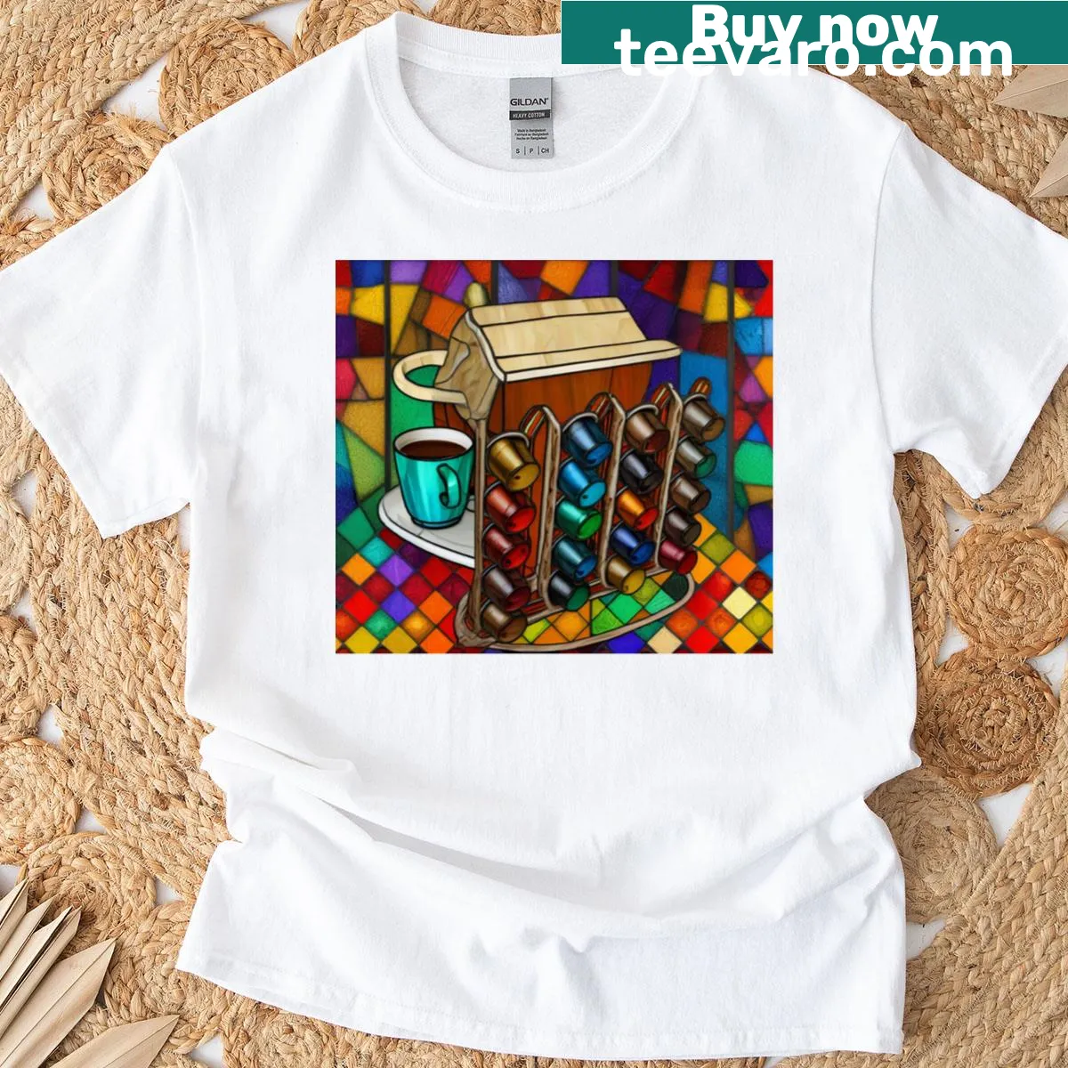 Stained glass style T-shirt depicting a serene morning scene — on a men's t-shirt