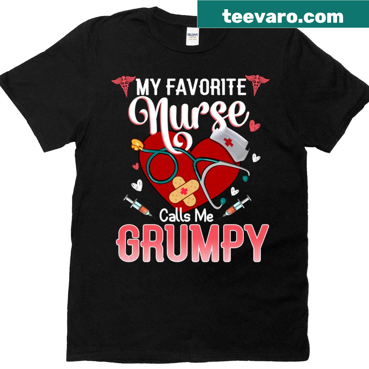 Proud Nurse T-shirt reading My Favorite Nurse Calls Me Grumpy — on a men's t-shirt