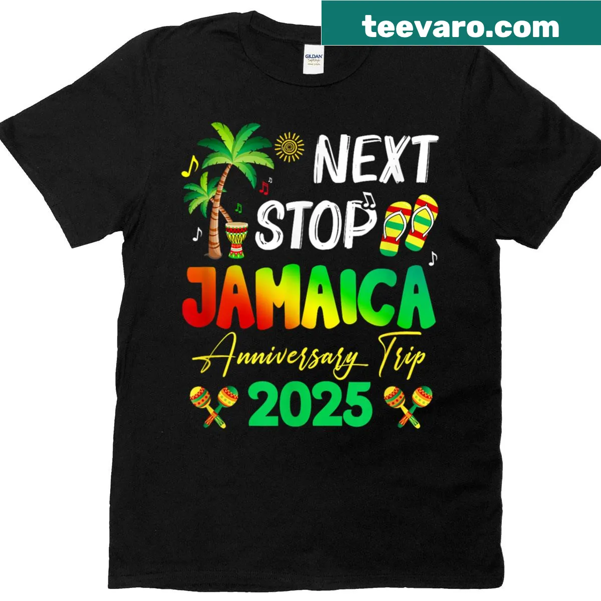 Couples anniversary T-shirt featuring travel to Jamaica. — on a men's t-shirt