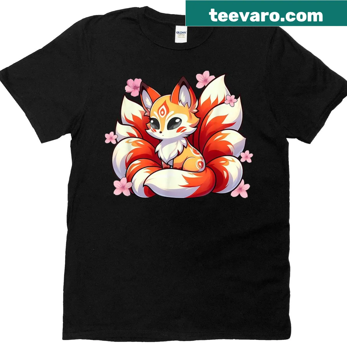 Kitsune t-shirt with nine tails and cherry blossoms illustration — on a men's t-shirt