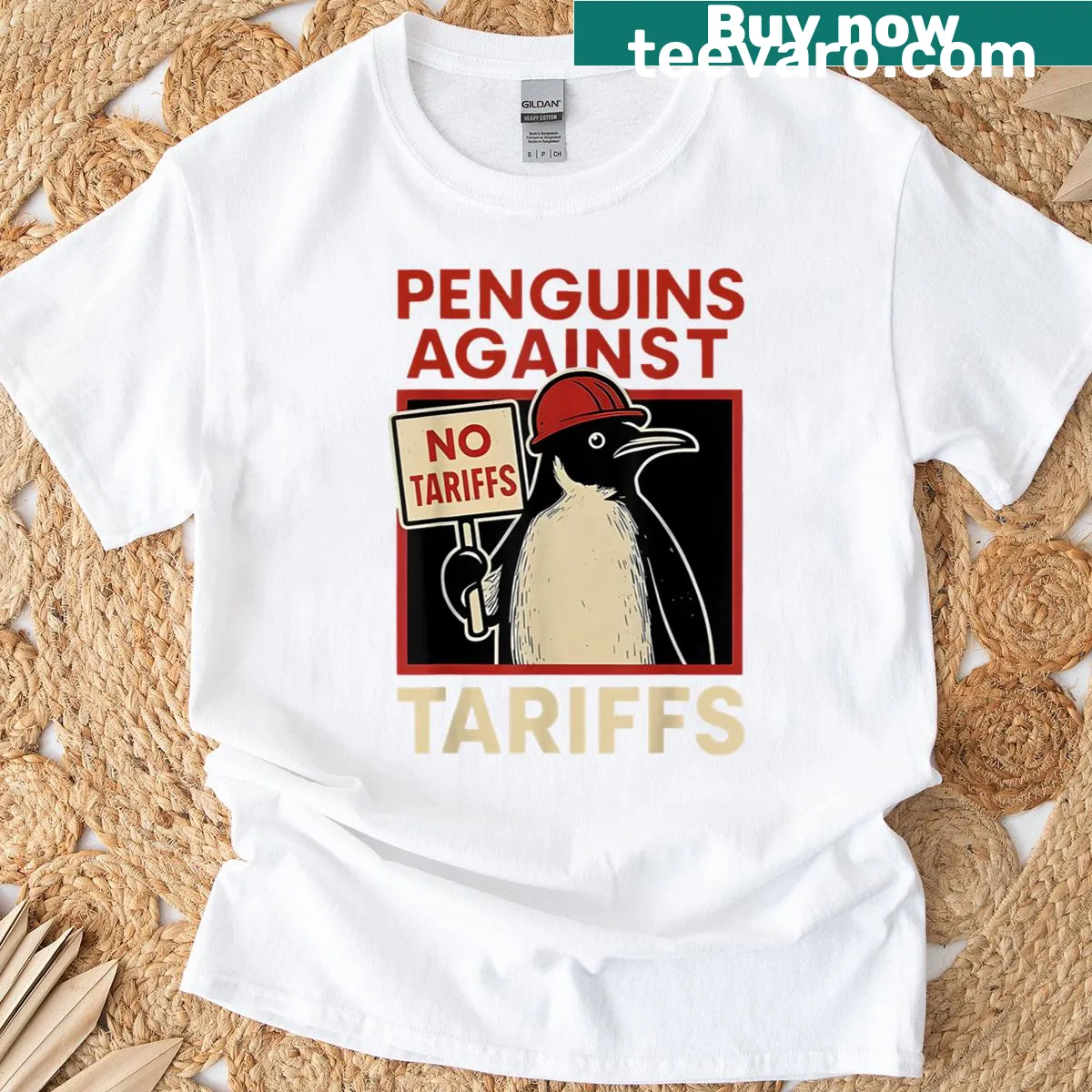 Cartoon penguins protesting against tariffs with humorous text — on a men's t-shirt