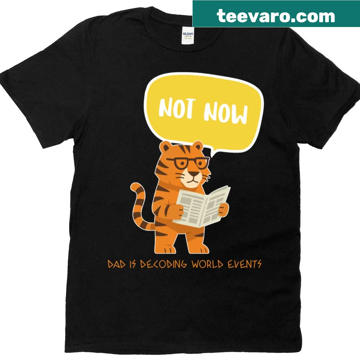 Typography tee with 'Not Now Dad Is Decoding World Events' text — on a men's t-shirt
