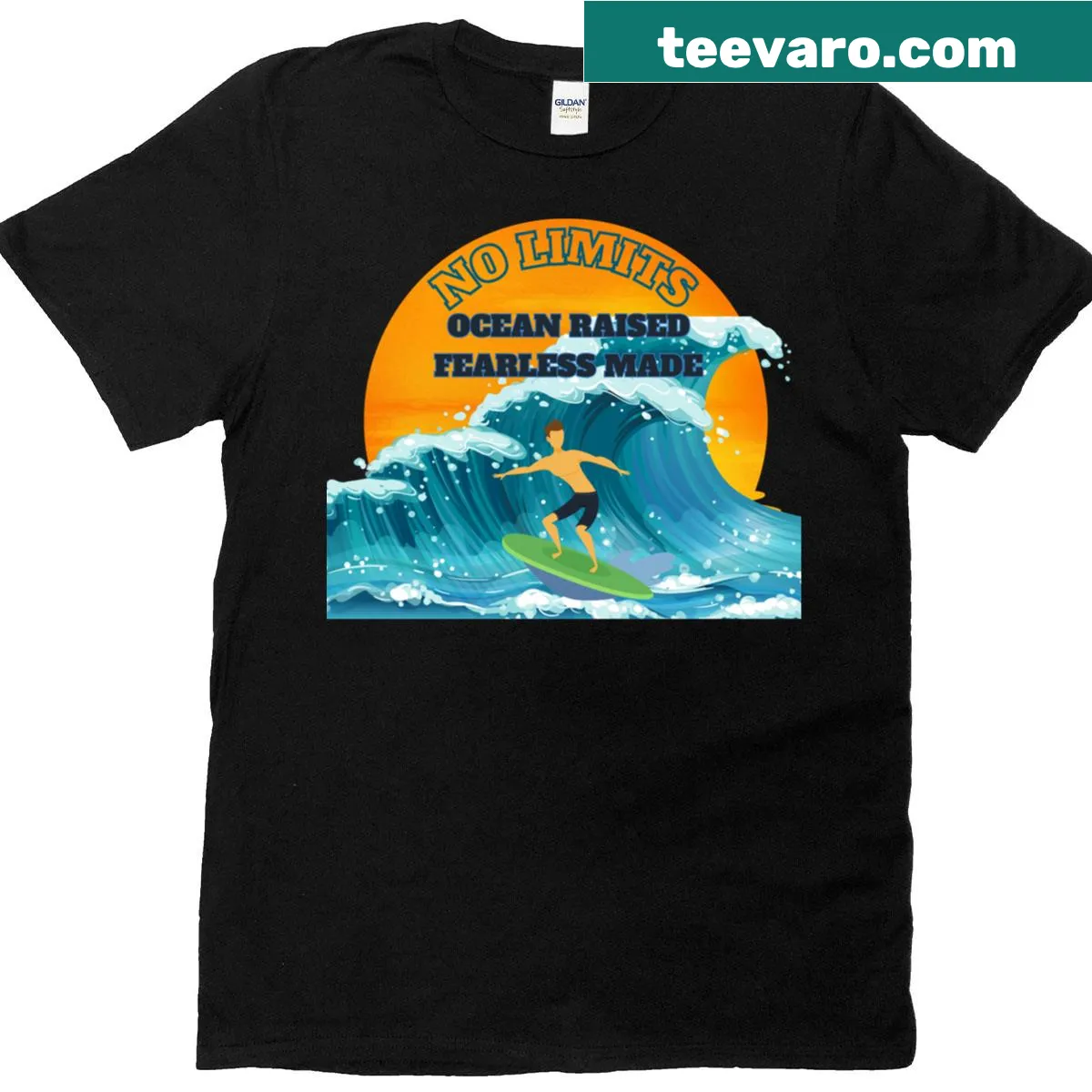 Inspirational t-shirt with 'Ocean Raised Fearless Made' text — on a men's t-shirt