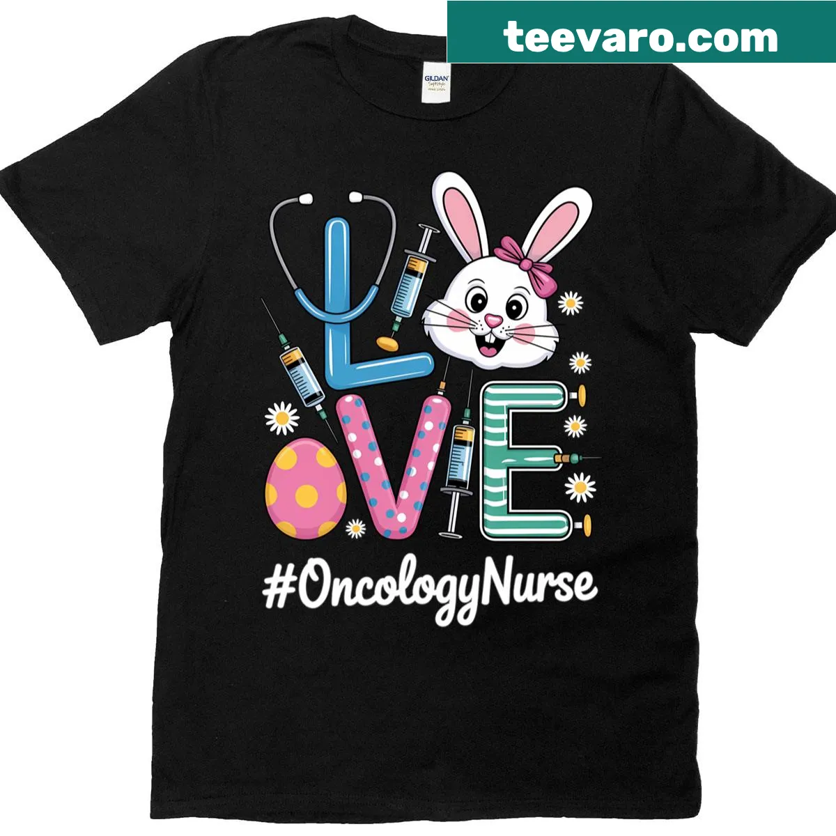Easter-themed T-shirt for oncology nurses with bunny and eggs graphic — on a men's t-shirt