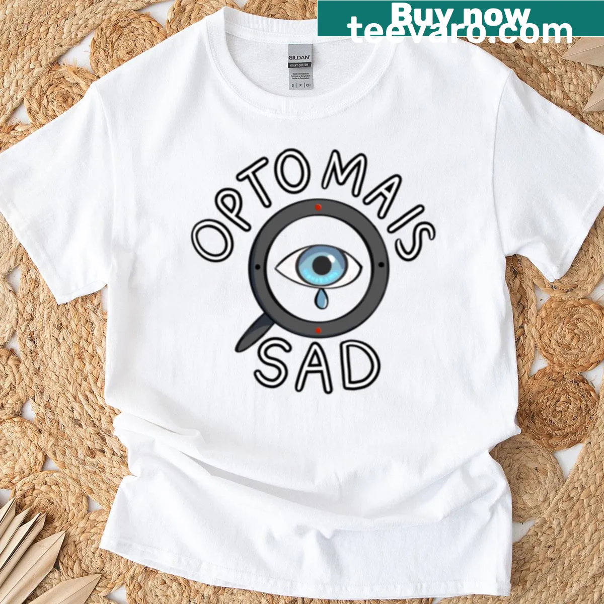 T-shirt featuring the unique Opto-mais-sad logo design — on a men's t-shirt