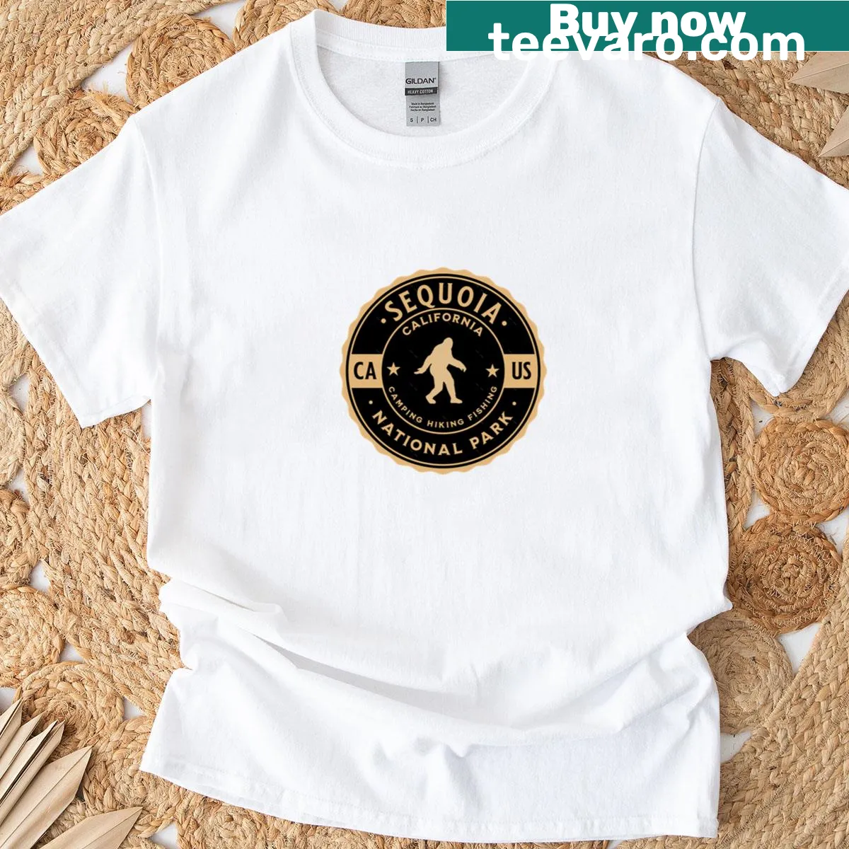 Illustrative t-shirt featuring Sequoia trees representing outdoor adventures — on a men's t-shirt