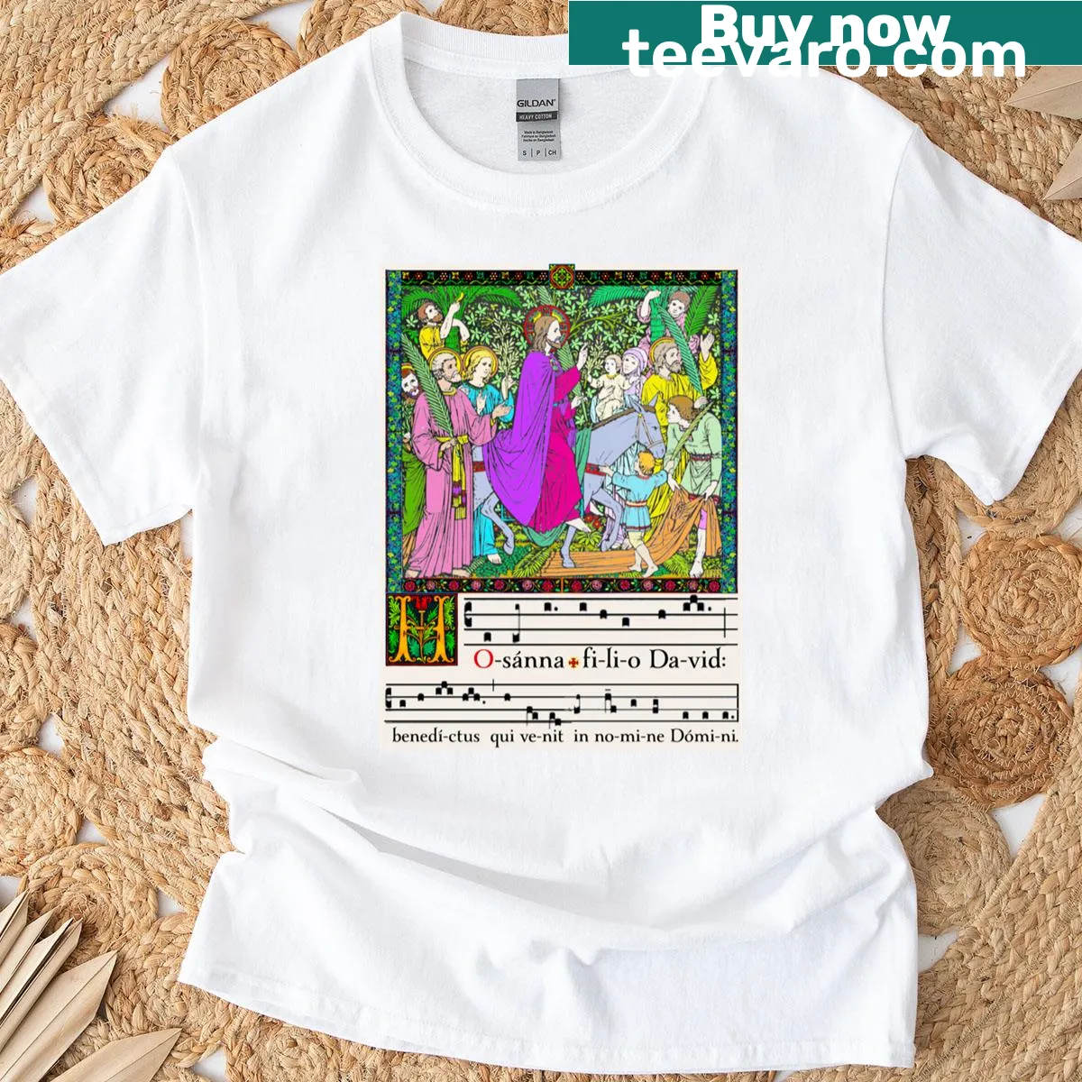 Text-based design celebrating Palm Sunday with 'Hosanna' — on a men's t-shirt