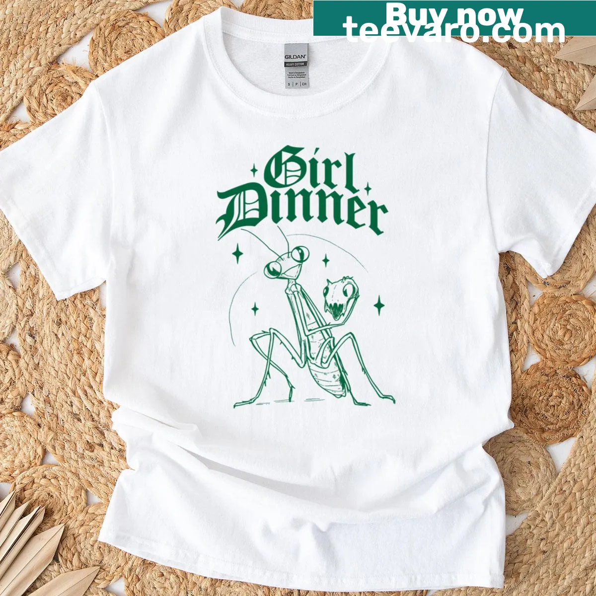 Vintage-style t-shirt with a praying mantis in a dinner scene — on a men's t-shirt