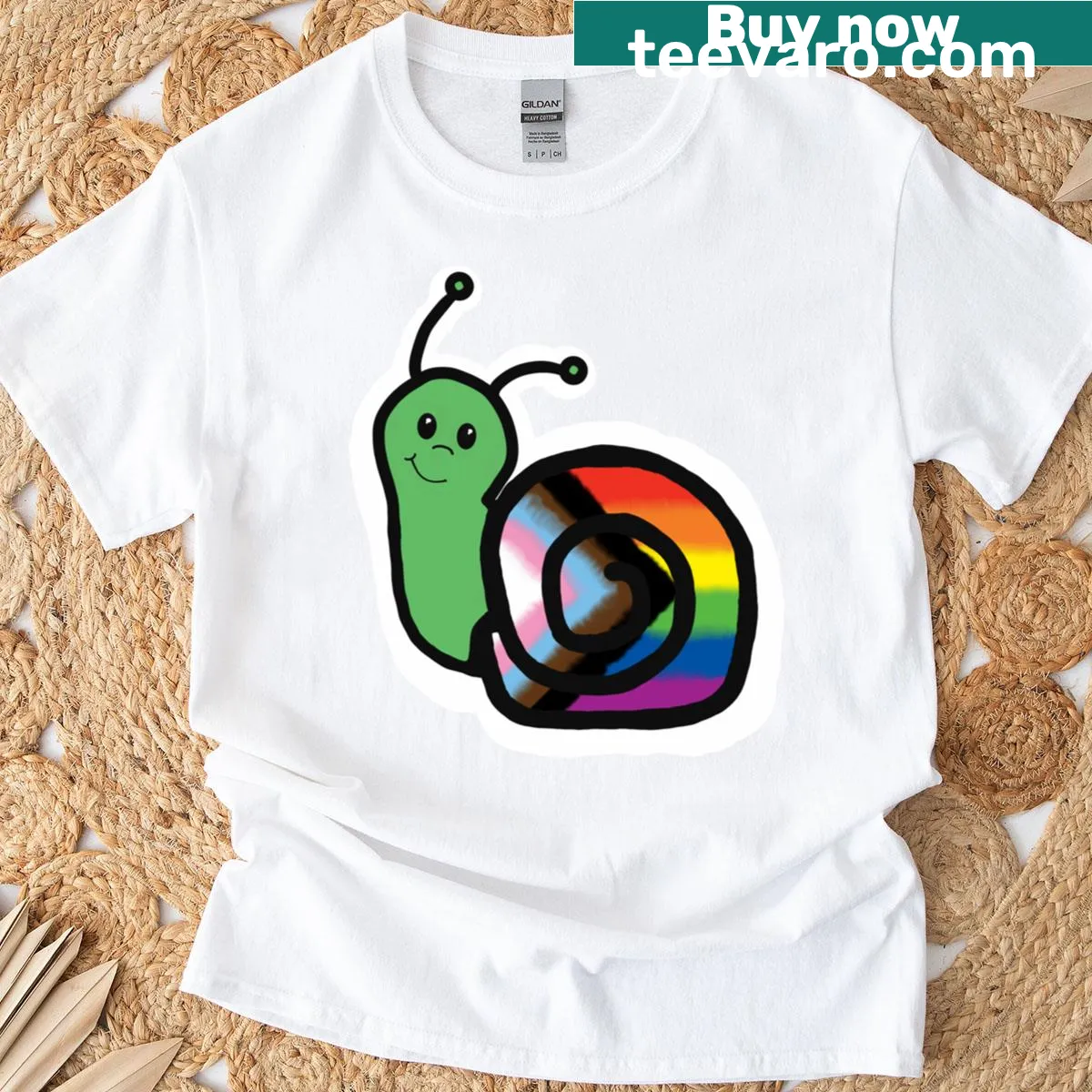 Playful snail t-shirt with Progress Pride flag colors — on a men's t-shirt