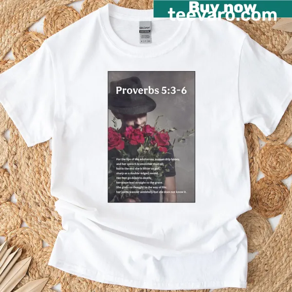 Proverbs 53-5 text graphic T-shirt with scoop neck design
