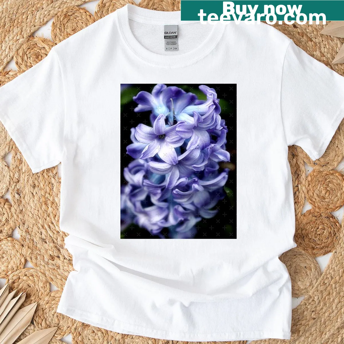 Photographic floral design featuring purple hyacinths — on a men's t-shirt