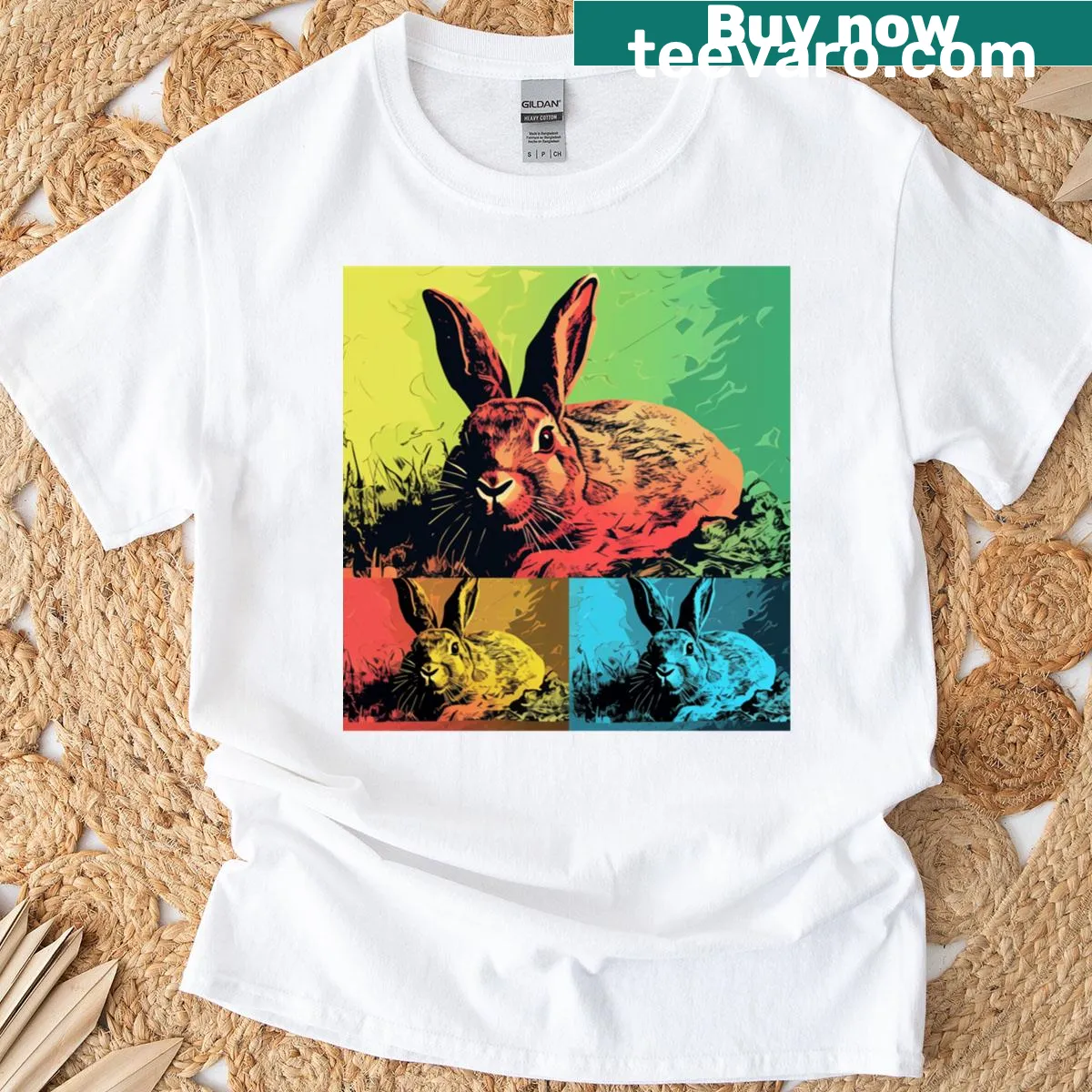 Playful pop-art rabbit t-shirt with bold design — on a men's t-shirt