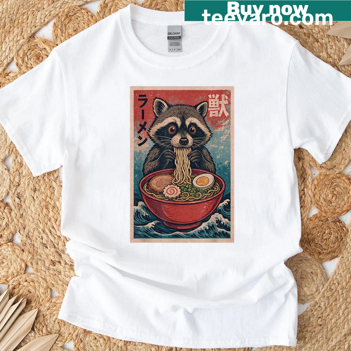 Cute raccoon eating ramen in kawaii anime style — on a men's t-shirt