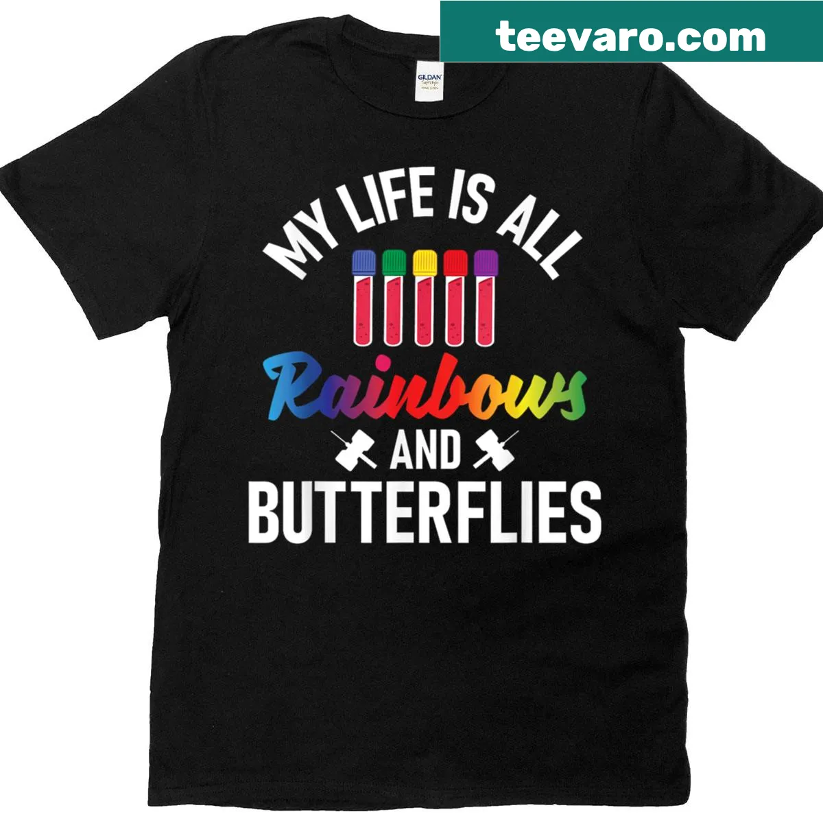 Phlebotomy nurse shirt with rainbow and butterfly design — on a men's t-shirt