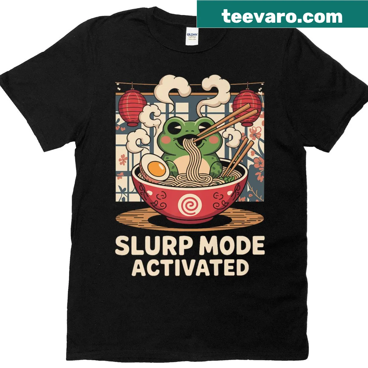 Cute ramen frog t-shirt with playful slurp graphic — on a men's t-shirt