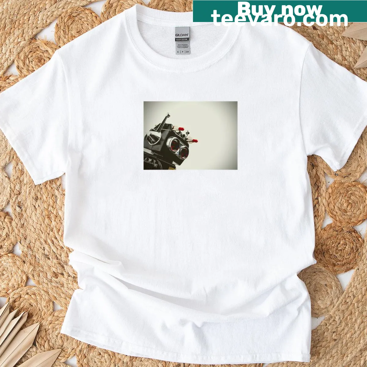 Cartoon robot in red and black on a playful T-shirt design — on a men's t-shirt
