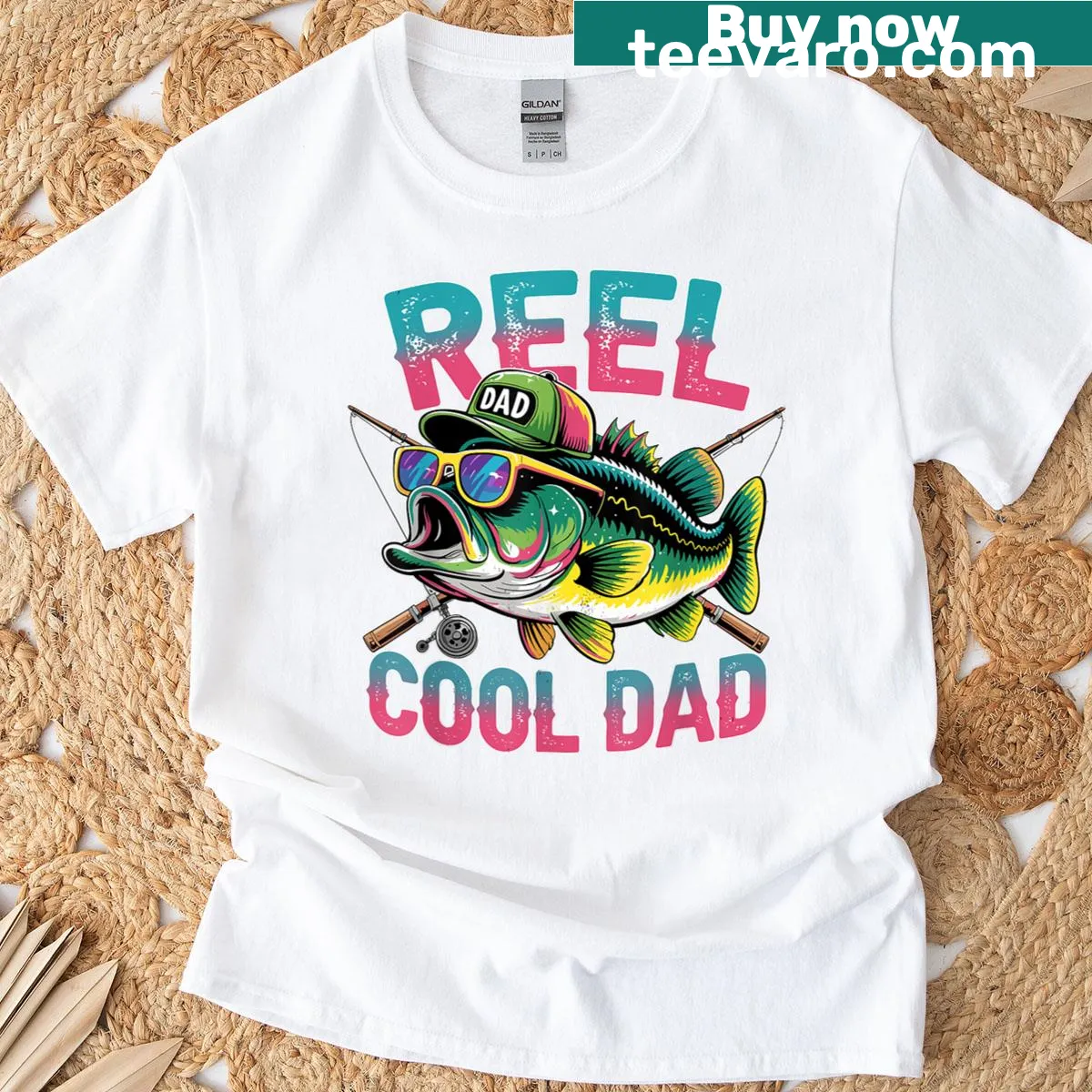 Funny fishing T-shirt with bass illustration and text — on a men's t-shirt