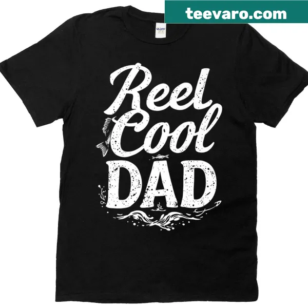 Illustration of fishing gear with 'Reel Cool Dad' text