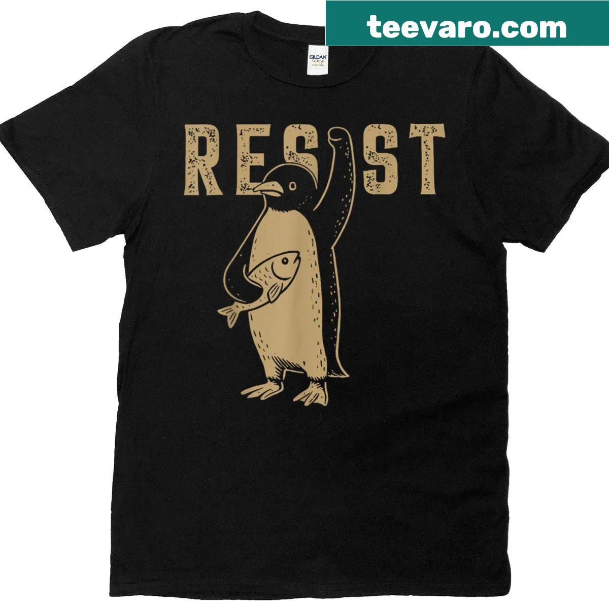 Penguin activism T-shirt with graphic and anti-Trump slogan — on a men's t-shirt