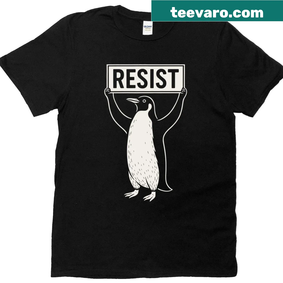 Penguin activism no tariffs graphic t-shirt — on a men's t-shirt