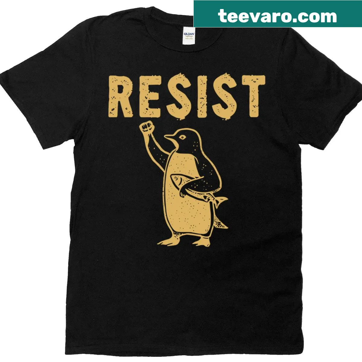 T-shirt featuring a humorous design of penguins with the phrase 'Resist Penguins' — on a men's t-shirt
