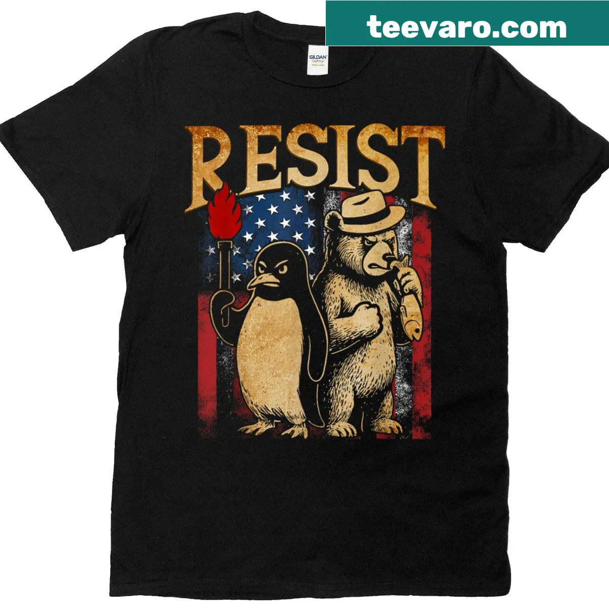 Graphic T-shirt with a penguin and bear illustration promoting a protest theme — on a men's t-shirt