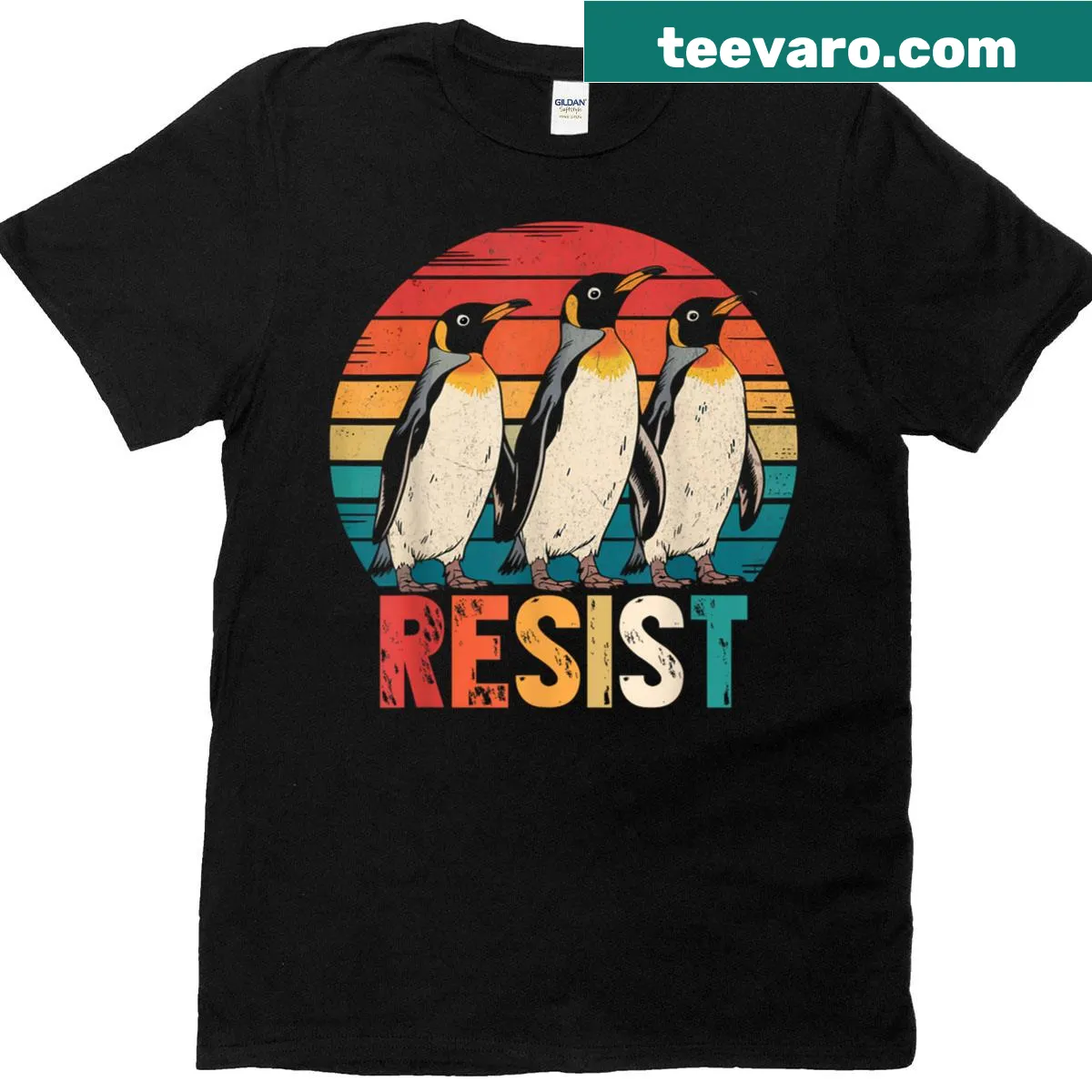 Retro penguin protest graphic t-shirt — on a men's t-shirt