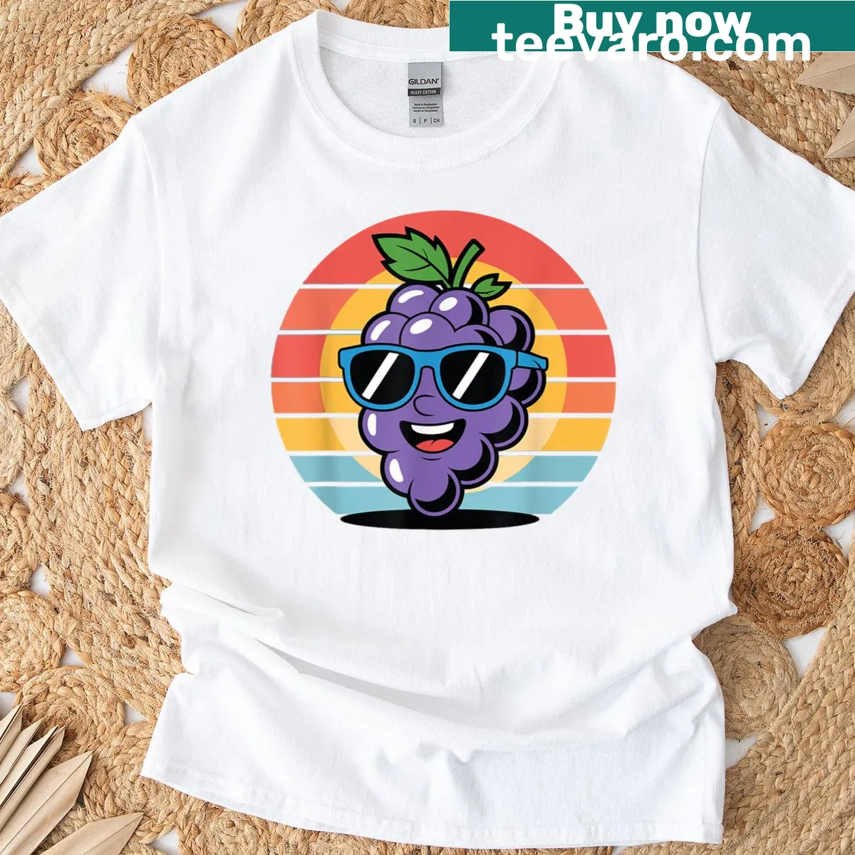 Playful retro grape-themed novelty t-shirt — on a men's t-shirt