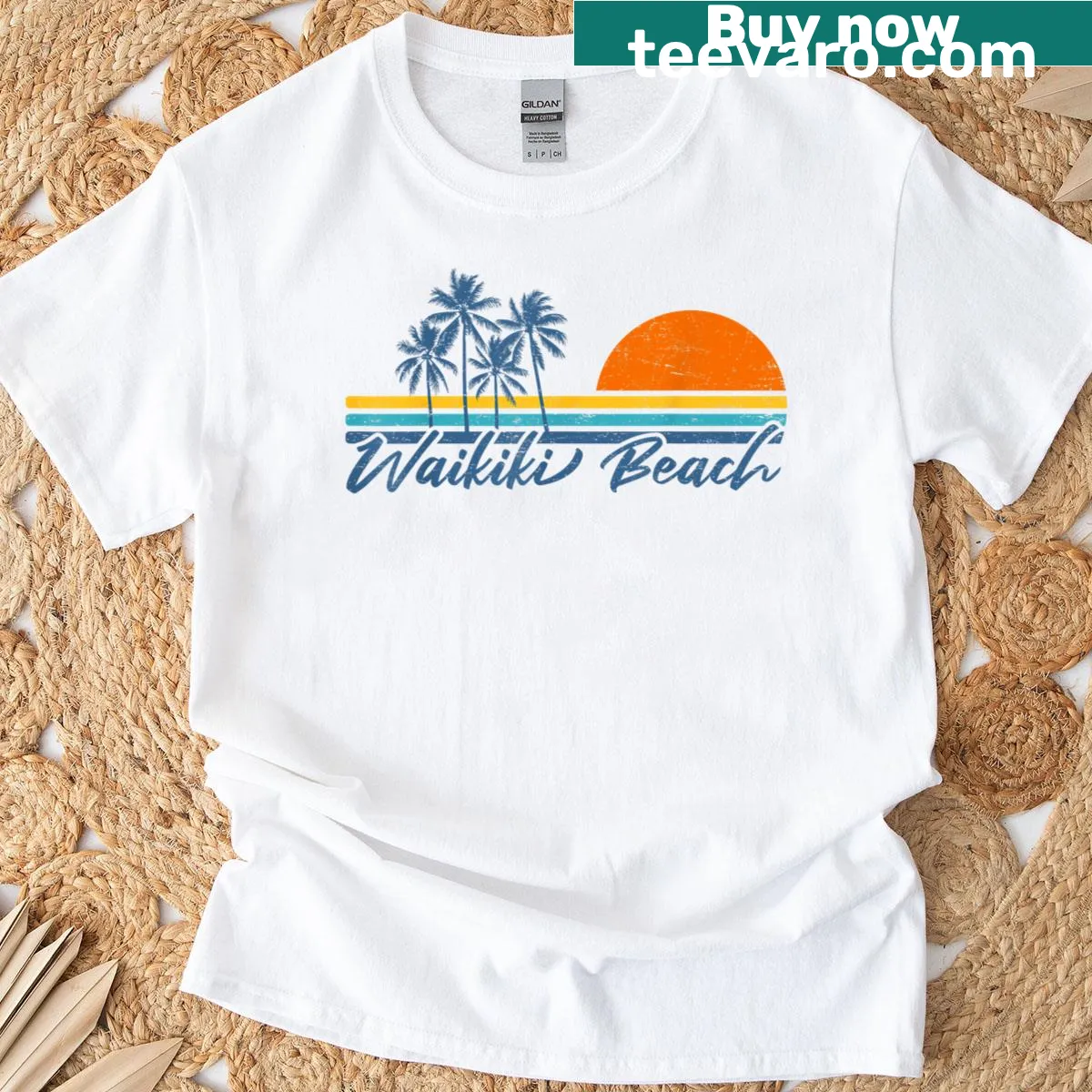 Vintage Waikiki Beach T-shirt with Hawaii imagery — on a men's t-shirt