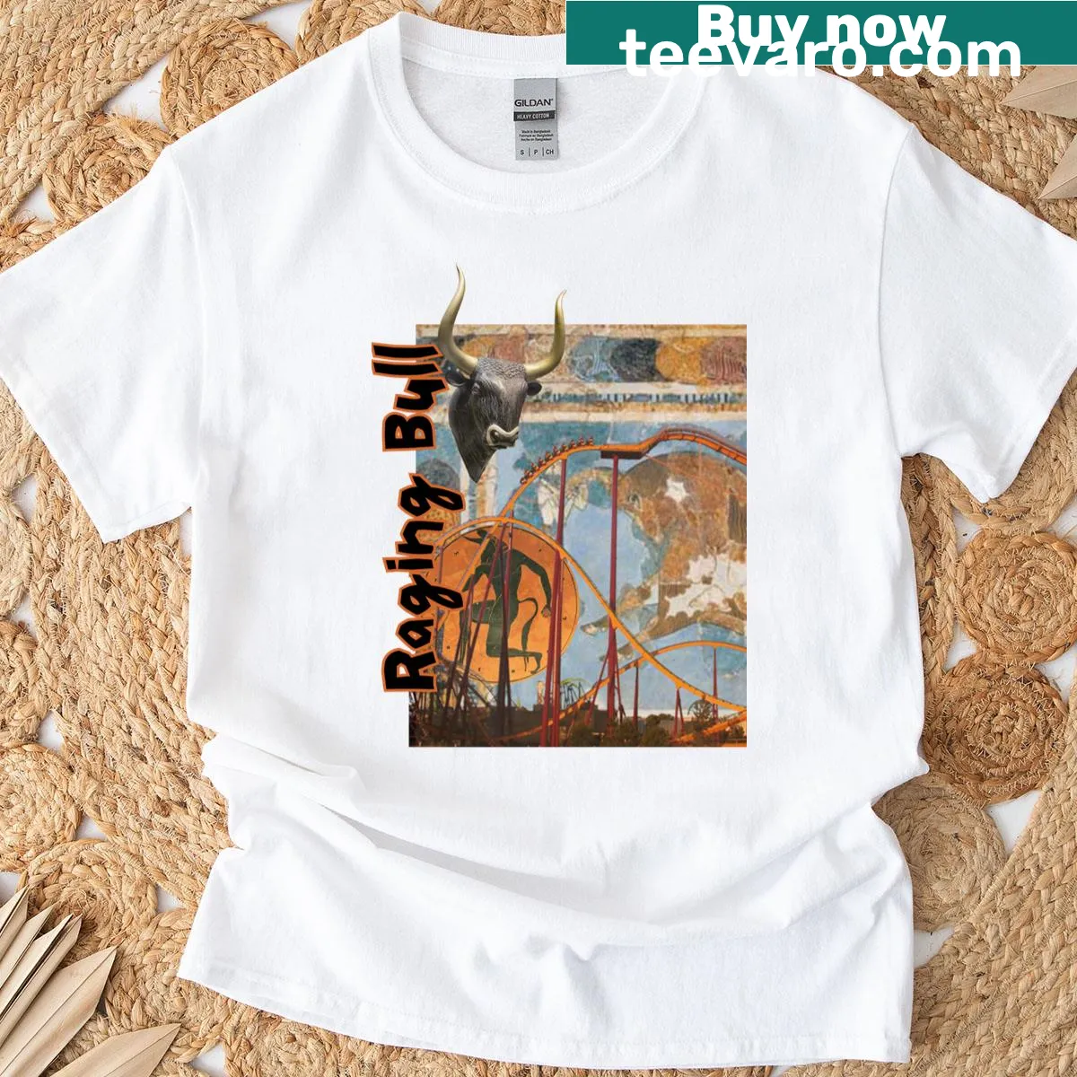 Dynamic raging bull design t-shirt inspired by amusement parks — on a men's t-shirt