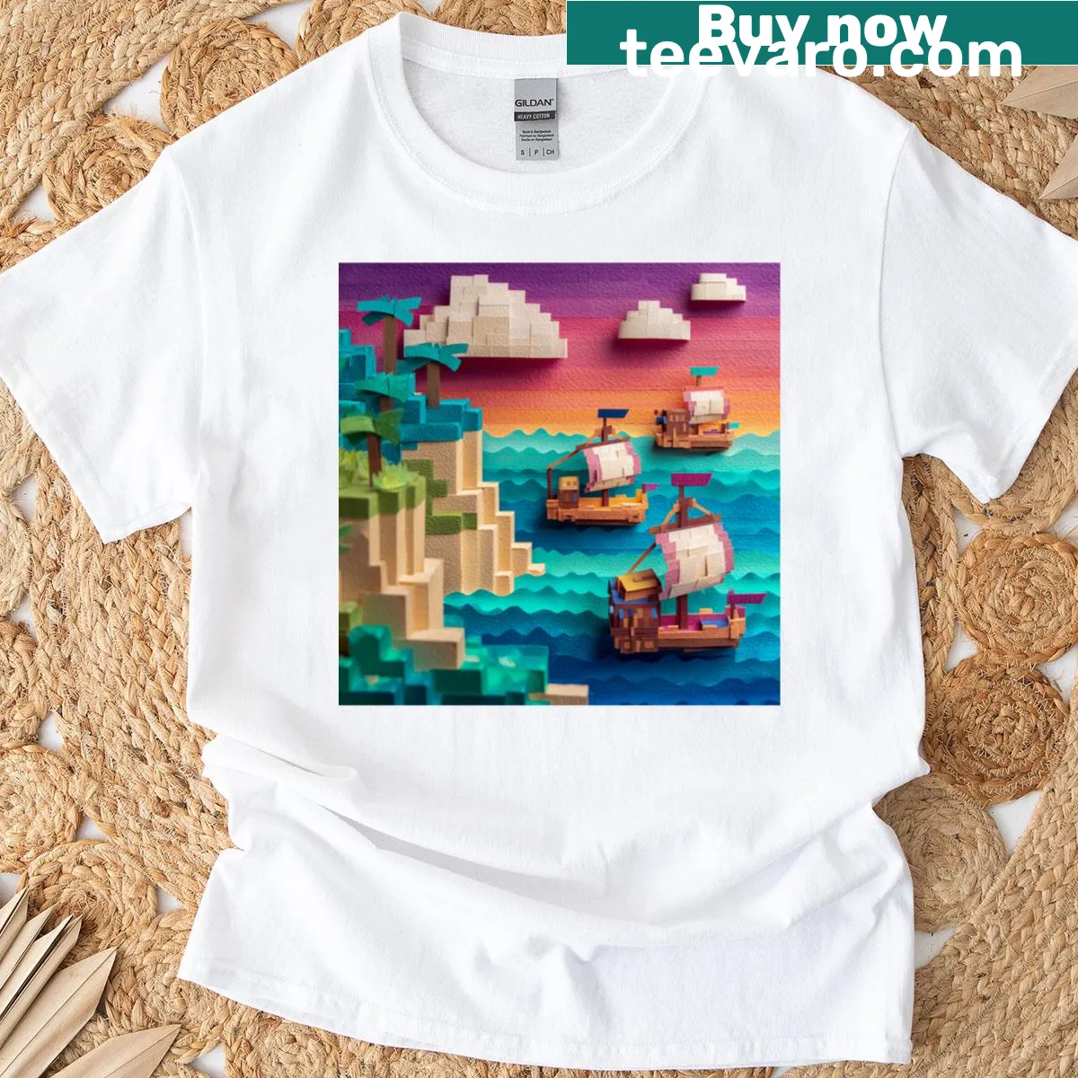 Pixel art tee featuring a sailing adventure in Minecraft — on a men's t-shirt