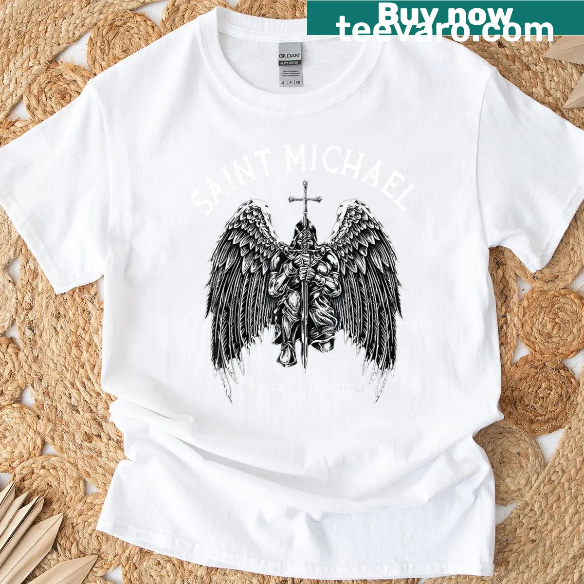 T-shirt featuring Saint Michael with the phrase Defend Us In Battle — on a men's t-shirt