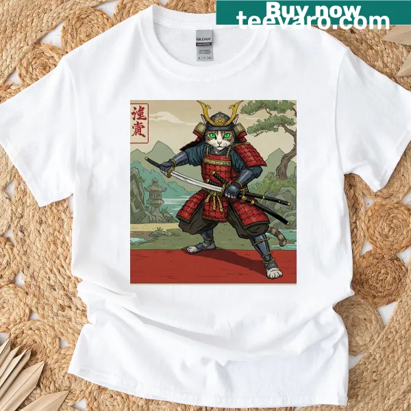 Illustration of a samurai cat on a T-shirt