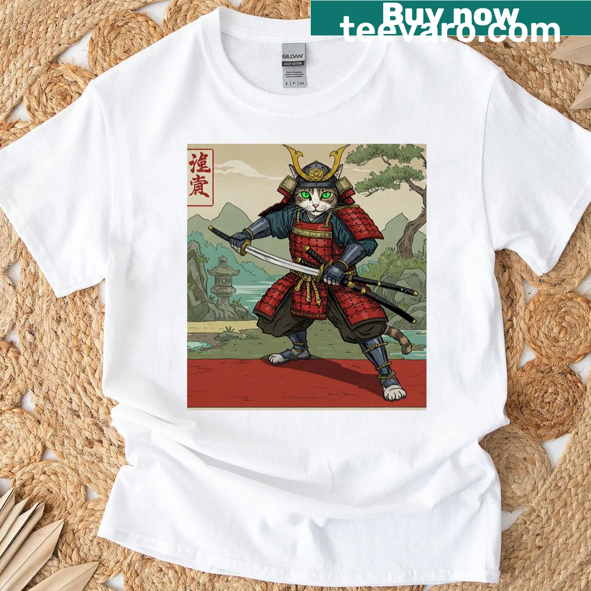 Illustration of a samurai cat on a T-shirt — on a men's t-shirt