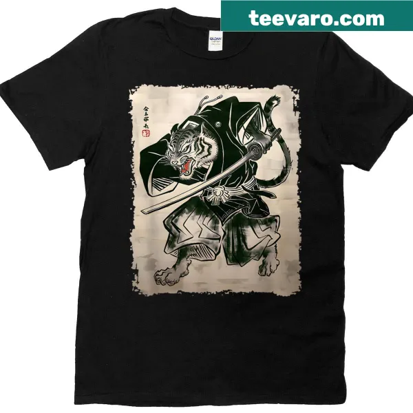 Samurai Tiger Warrior vintage art t-shirt featuring a fierce tiger
