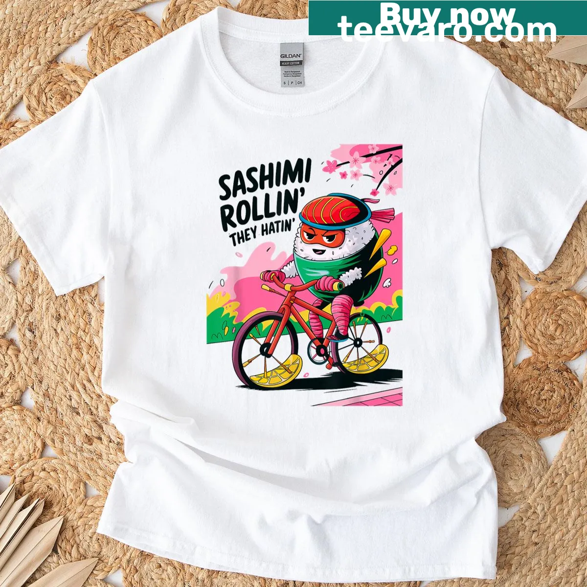 Cartoon sushi t-shirt with 'Sashimi Rollin They Hatin' text — on a men's t-shirt