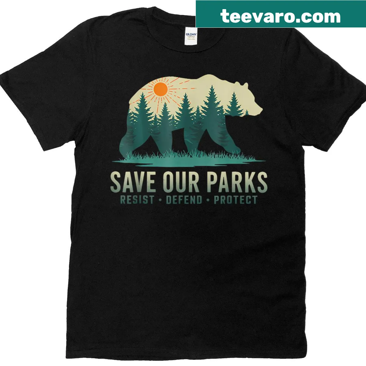 T-shirt with a message to save and protect national parks, designed for environmental advocacy. — on a men's t-shirt