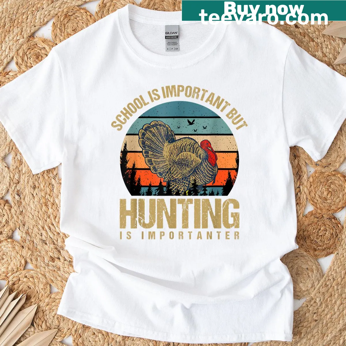 Humorous hunting t-shirt with bold text prioritizing hunting over school — on a men's t-shirt