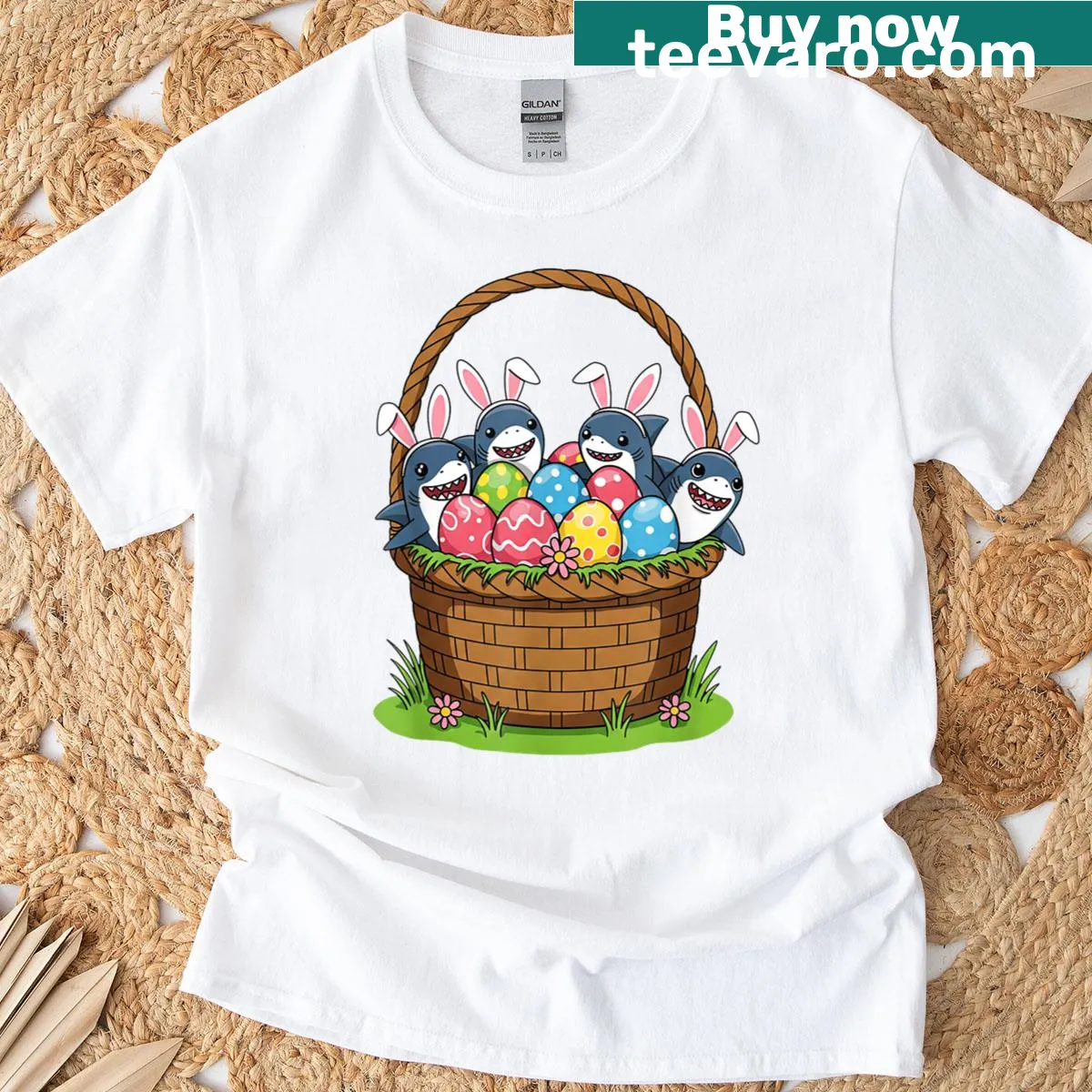 Whimsical bunny and shark design for Easter celebrations — on a men's t-shirt