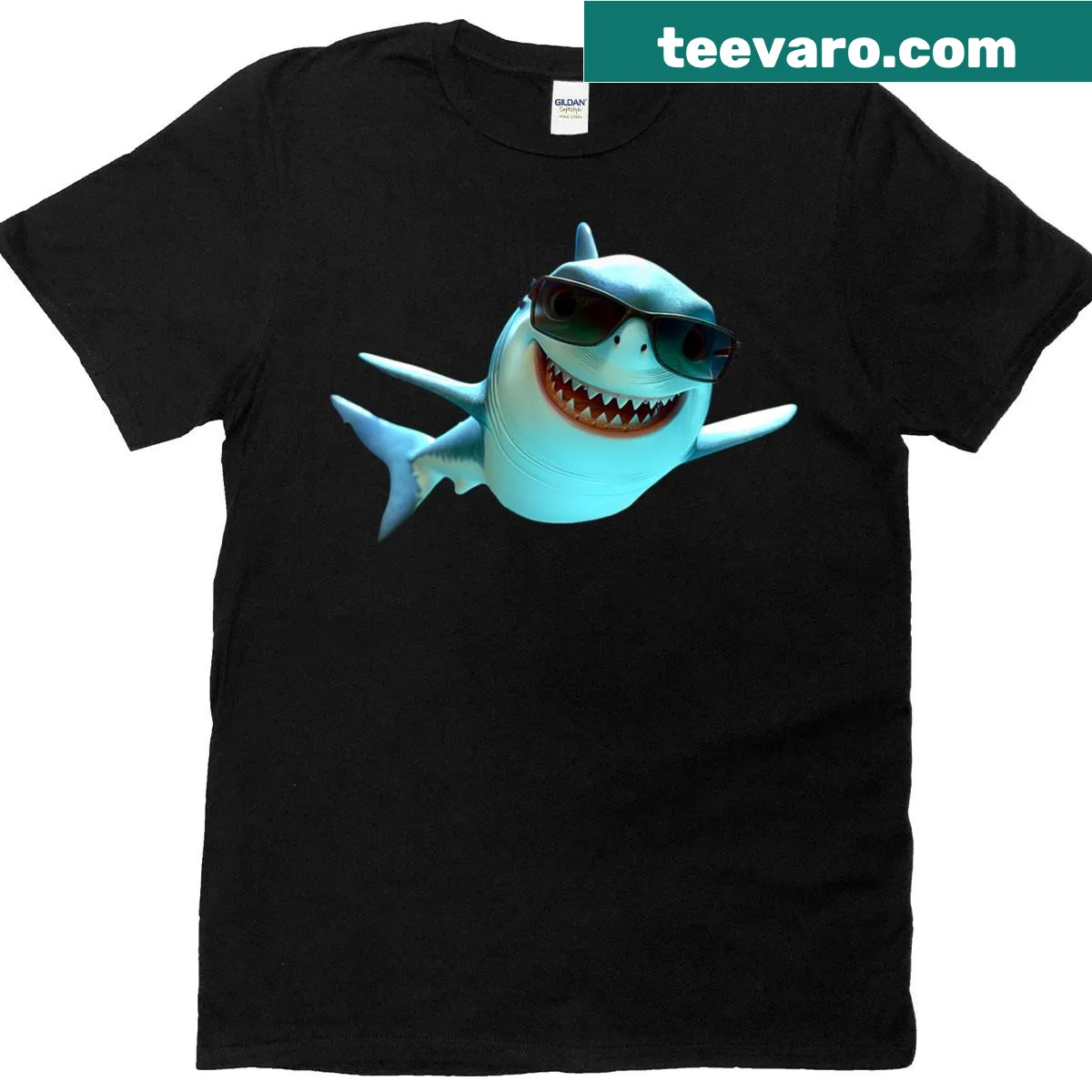 Cartoon shark wearing sunglasses graphic — on a men's t-shirt