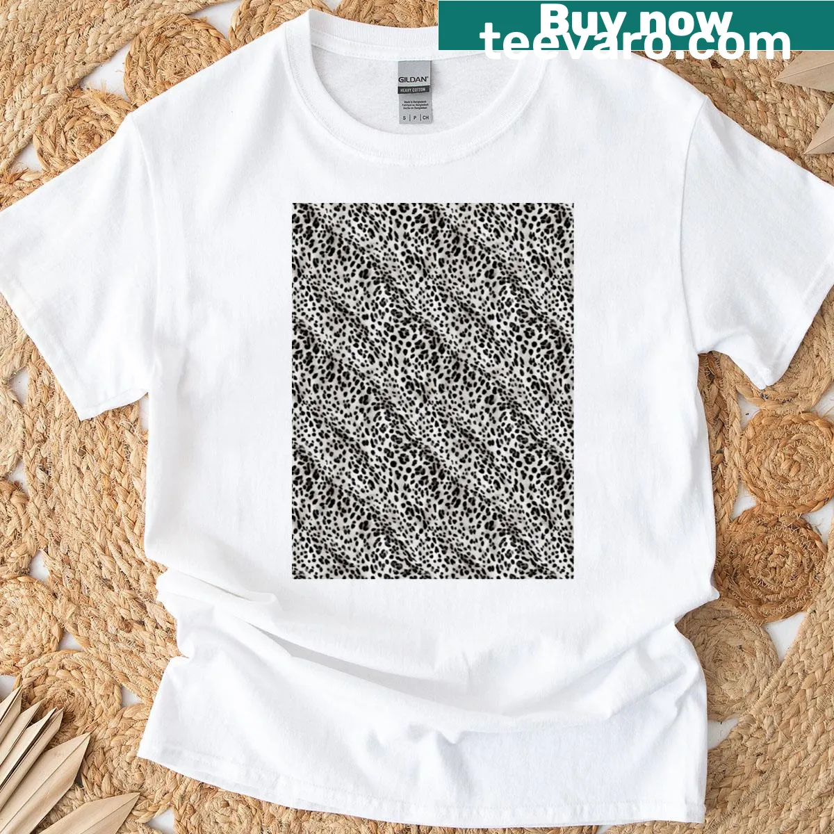 Long t-shirt with an edgy silver leopard pattern — on a men's t-shirt