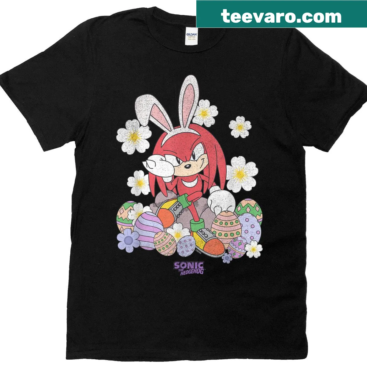 Sonic The Hedgehog Knuckles floral retro logo t-shirt — on a men's t-shirt