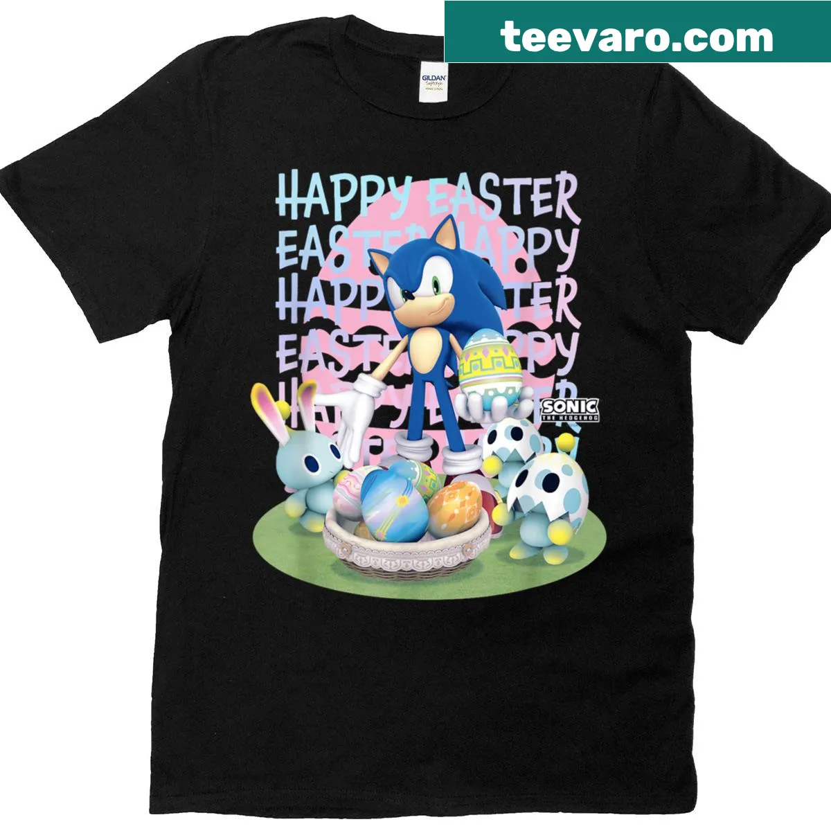 Sonic the Hedgehog graphic with Easter egg illustration — on a men's t-shirt