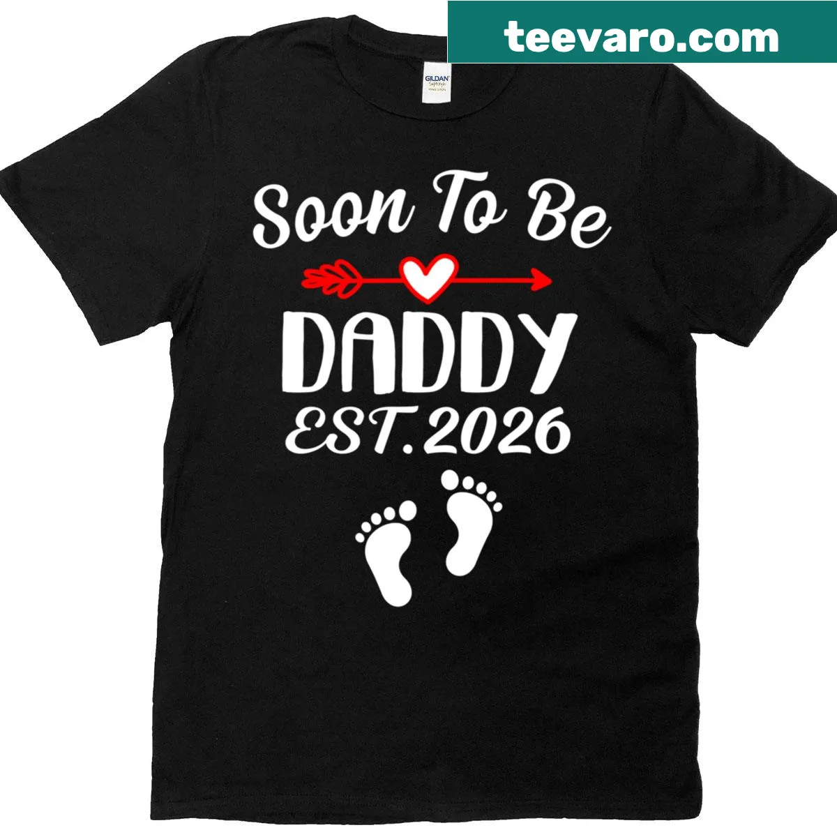 Soon To Be Daddy Est 2026 t-shirt with baby feet and arrow graphic — on a men's t-shirt