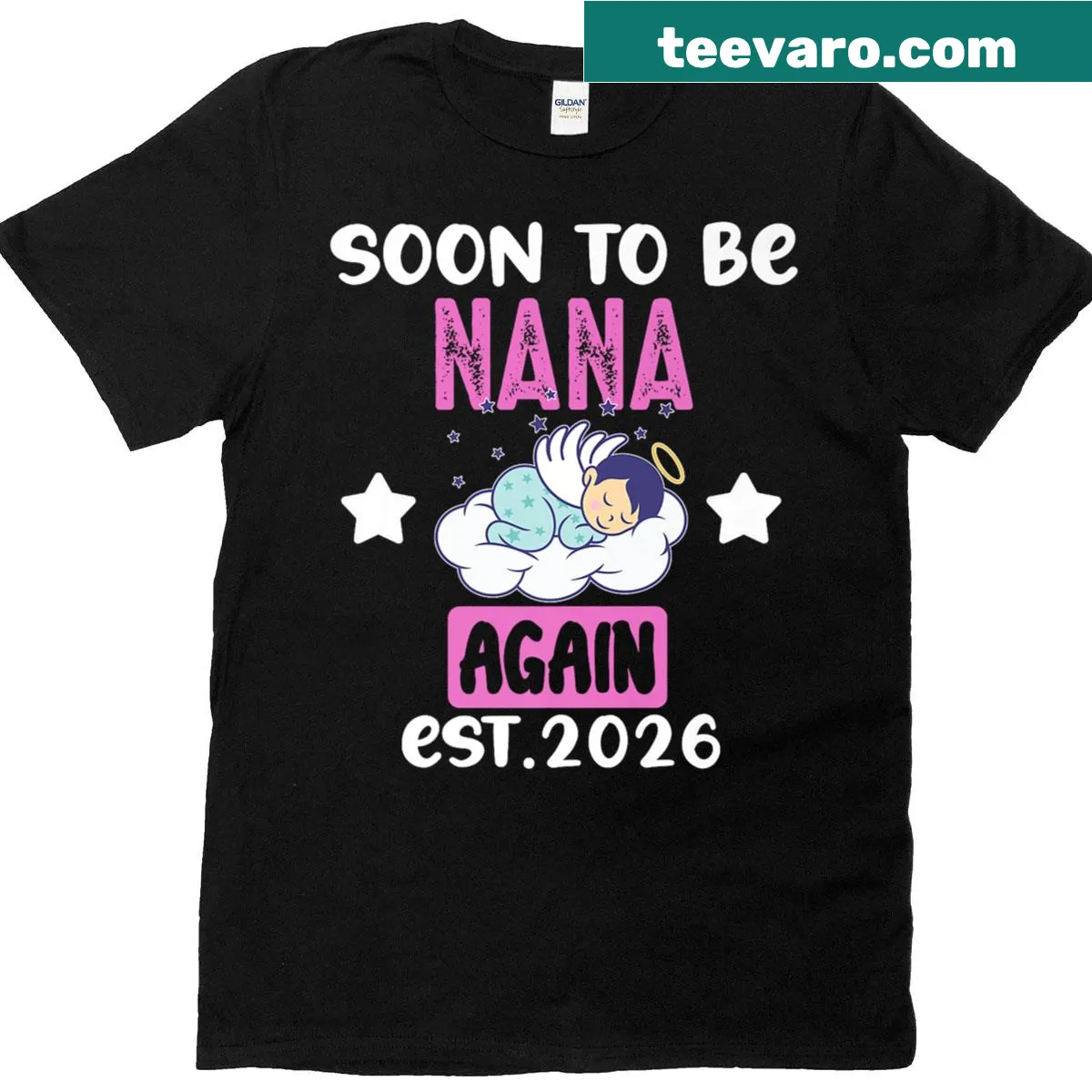 Gentle announcement tee for a 'Soon To Be Nana Again 2026' baby boy reveal. — on a men's t-shirt