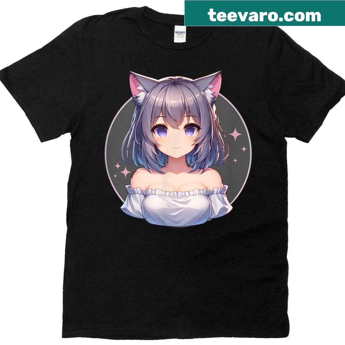 Anime-style T-shirt featuring a cute cat girl graphic — on a men's t-shirt