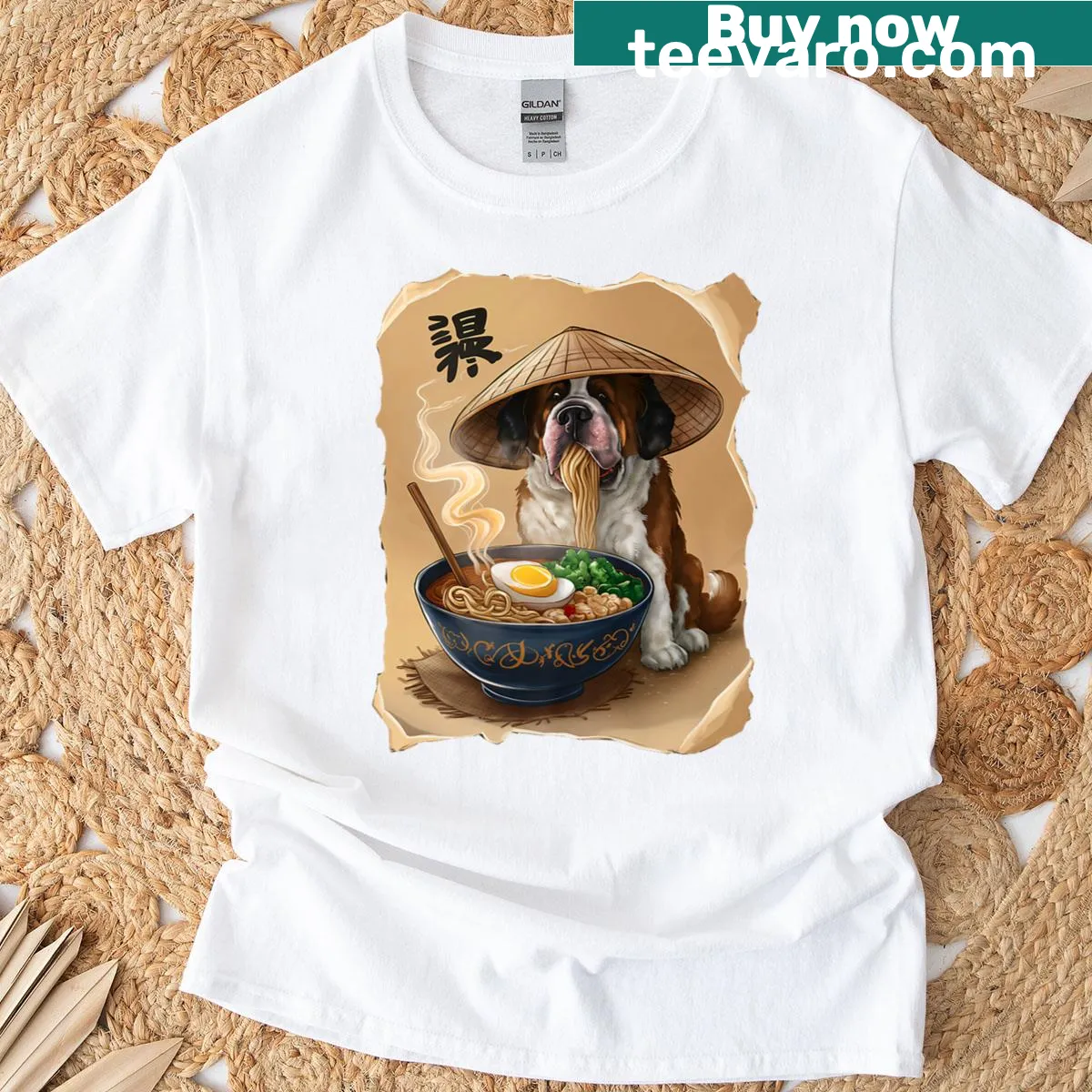 Kawaii St. Bernard eating ramen graphic on a T-shirt — on a men's t-shirt