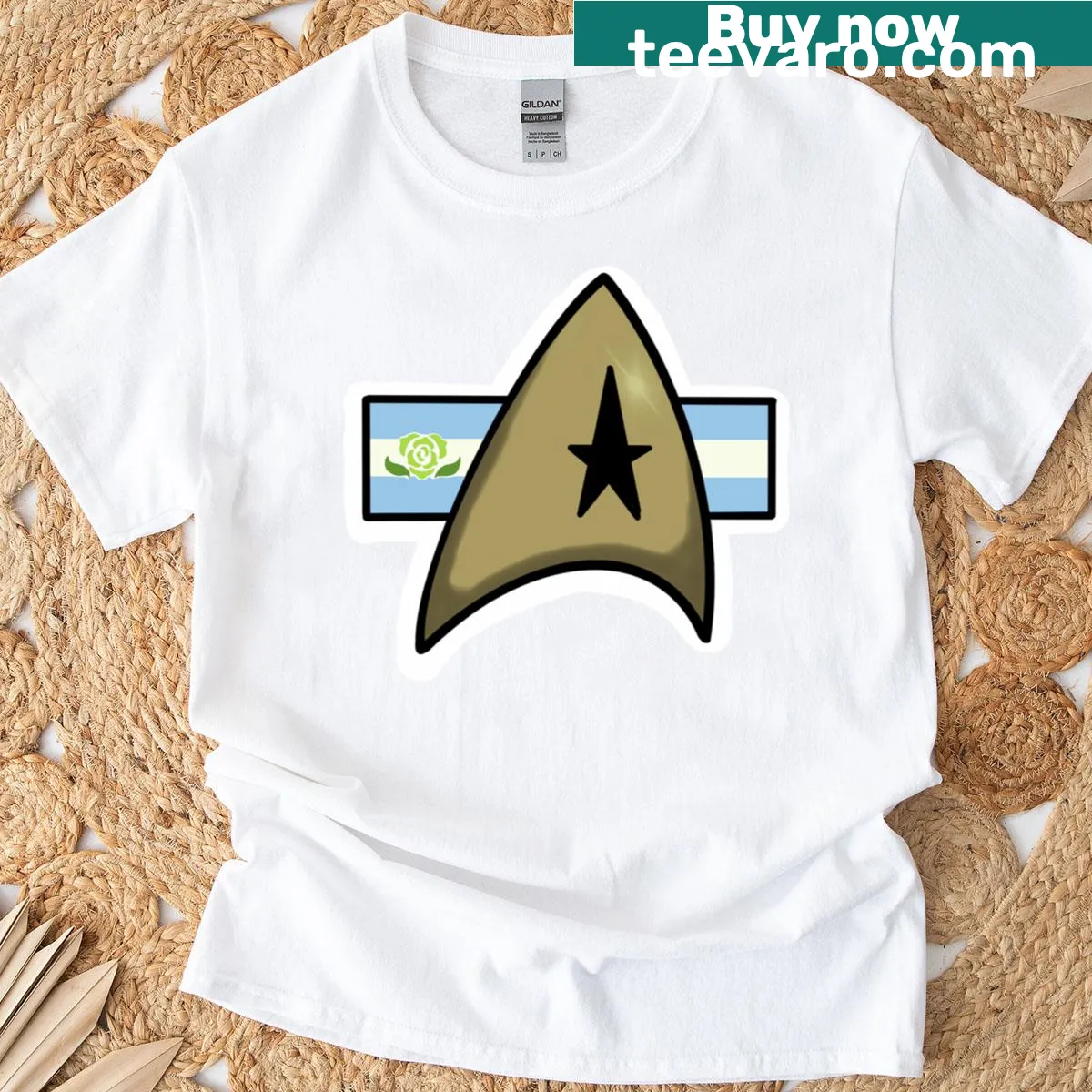 Star Fleet insignia emblem on a pride-themed T-shirt — on a men's t-shirt