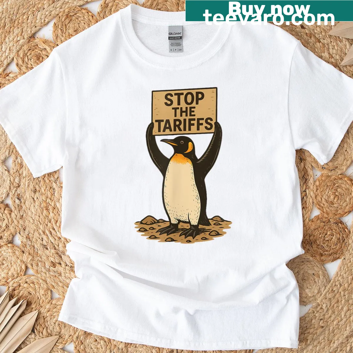 Funny anti-tariff t-shirt with penguin graphic — on a men's t-shirt