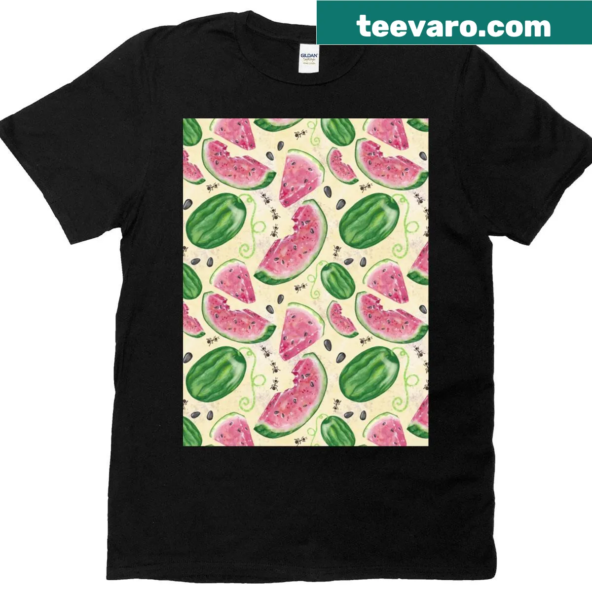Whimsical watermelon slice graphic on a summer-themed t-shirt — on a men's t-shirt